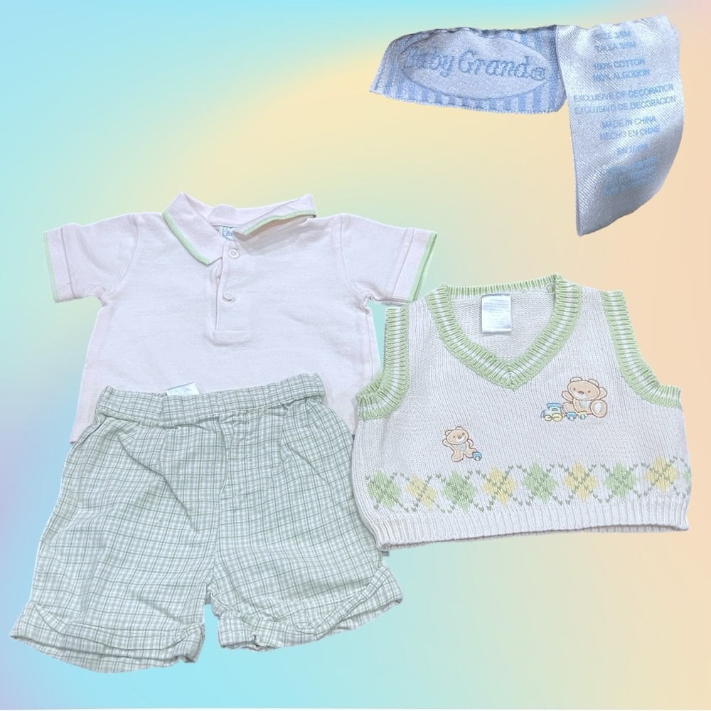 3 Piece Baby Grand Cream & Green Bear Polo Sweater vest & shorts Set 3/6 months